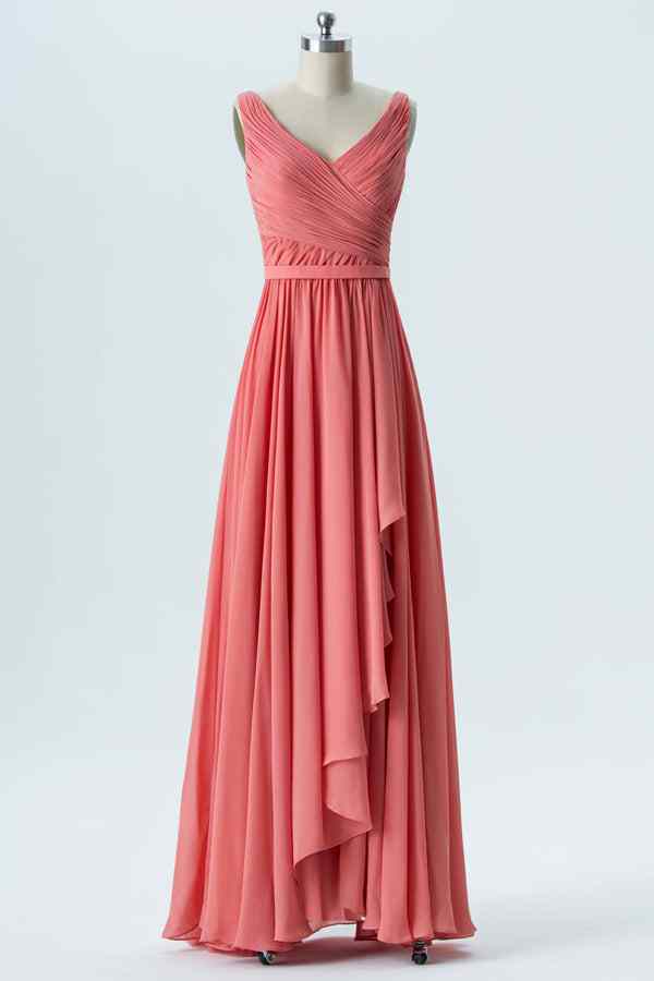 Watermelon A-line V Neck Chiffon Pleated Ruffle Long Bridesmaid Dress