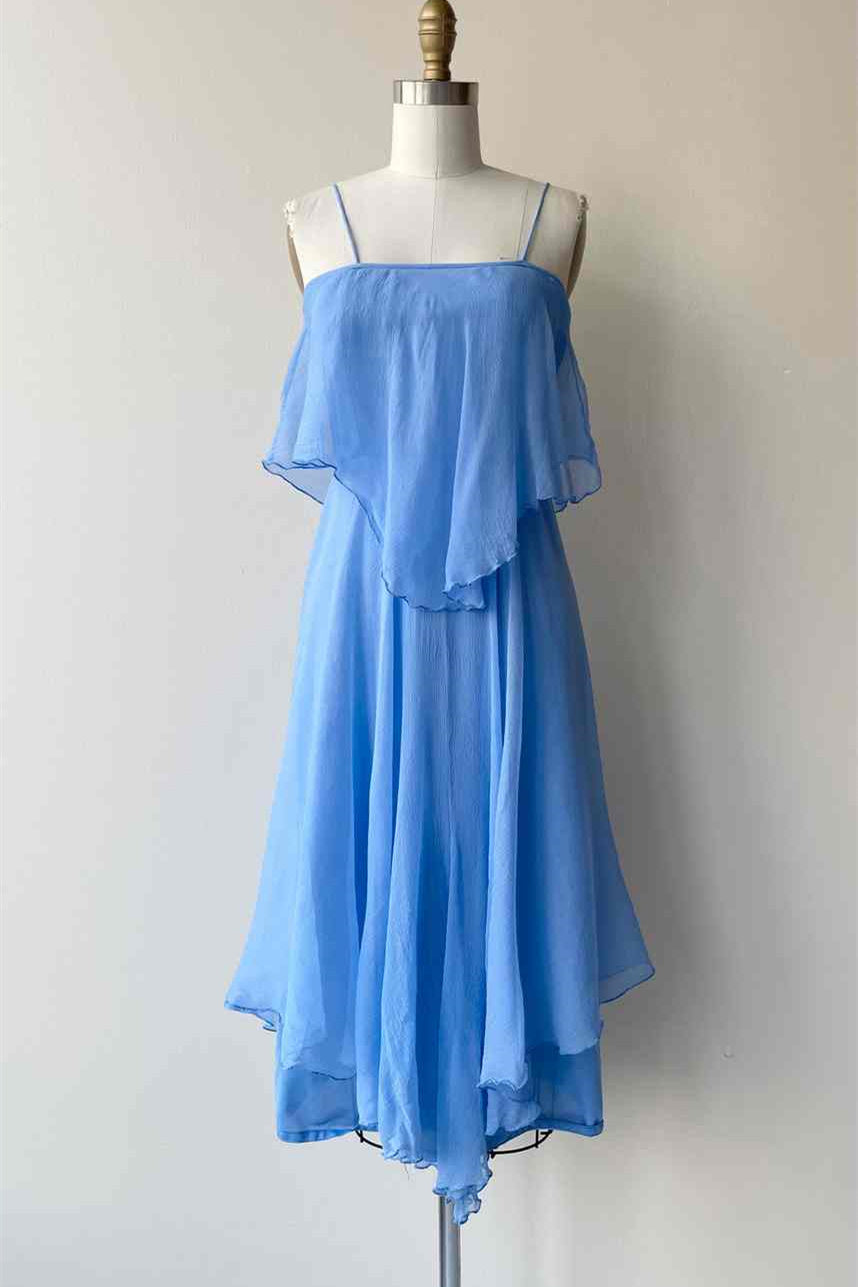 Blue A-line Spaghetti Straps Silk Scarf Chiffon Knee Length Bridesmaid Dress Blue / US 10 Blue A-line Spaghetti Straps Silk Scarf Chiffon Knee Length Bridesmaid Dress Blue / US 10