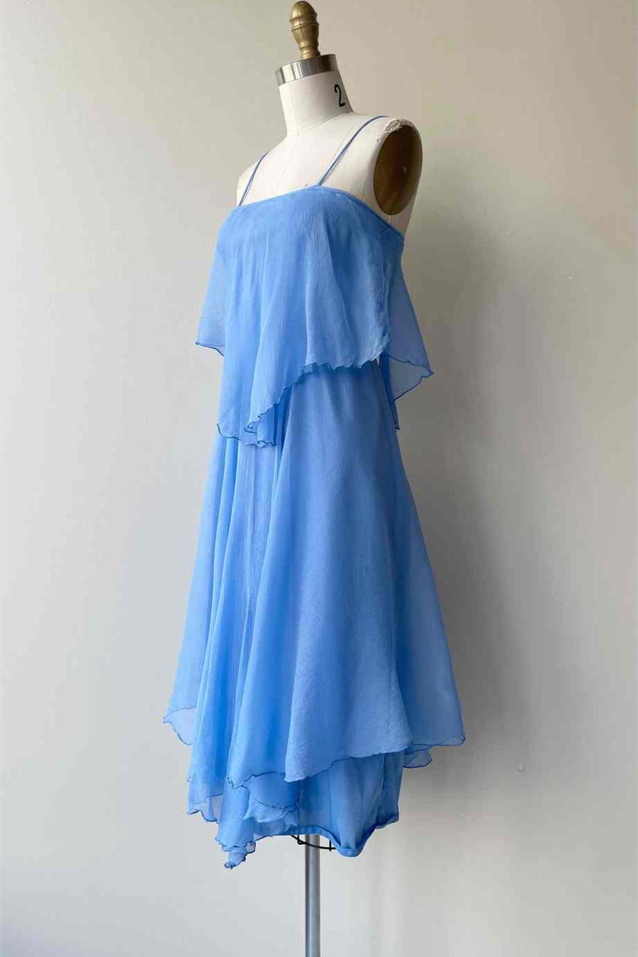 Blue A-line Spaghetti Straps Silk Scarf Chiffon Knee Length Bridesmaid Dress