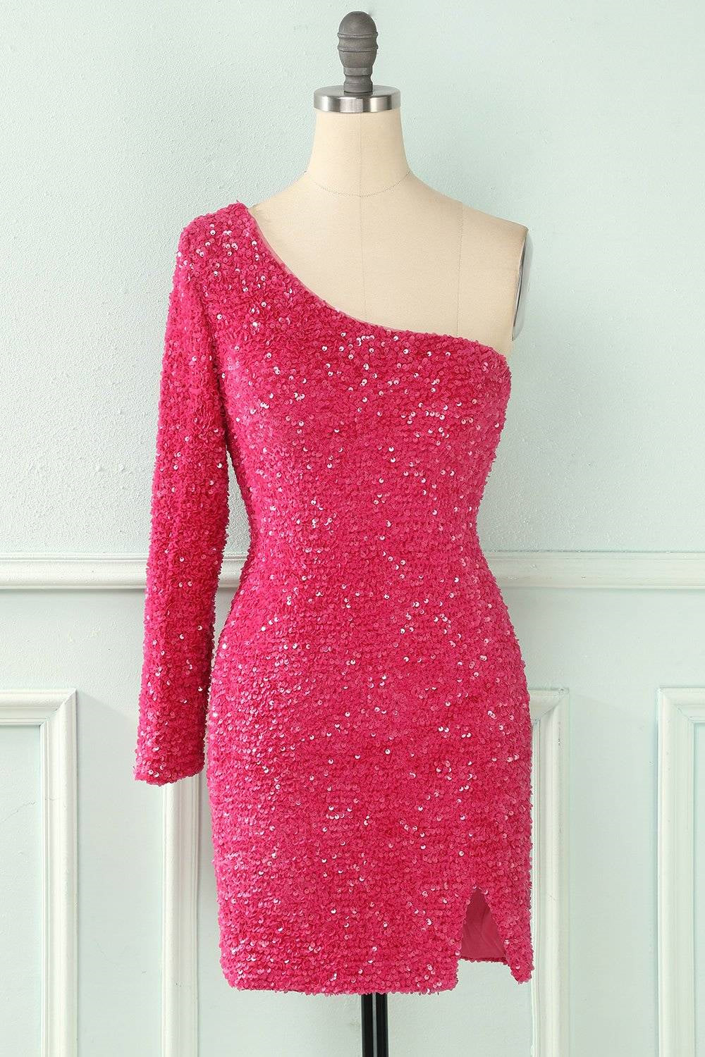 Bodycon One Shoulder Long Sleeves Sparkly Mini Homecoming Dress