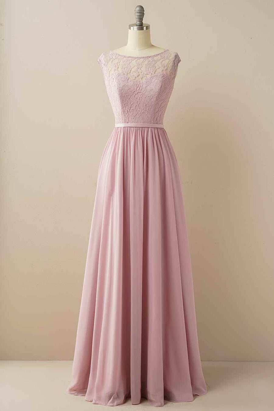 Wisteria A-line Illusion Lace Cap Sleeves Chiffon Long Bridesmaid Dress