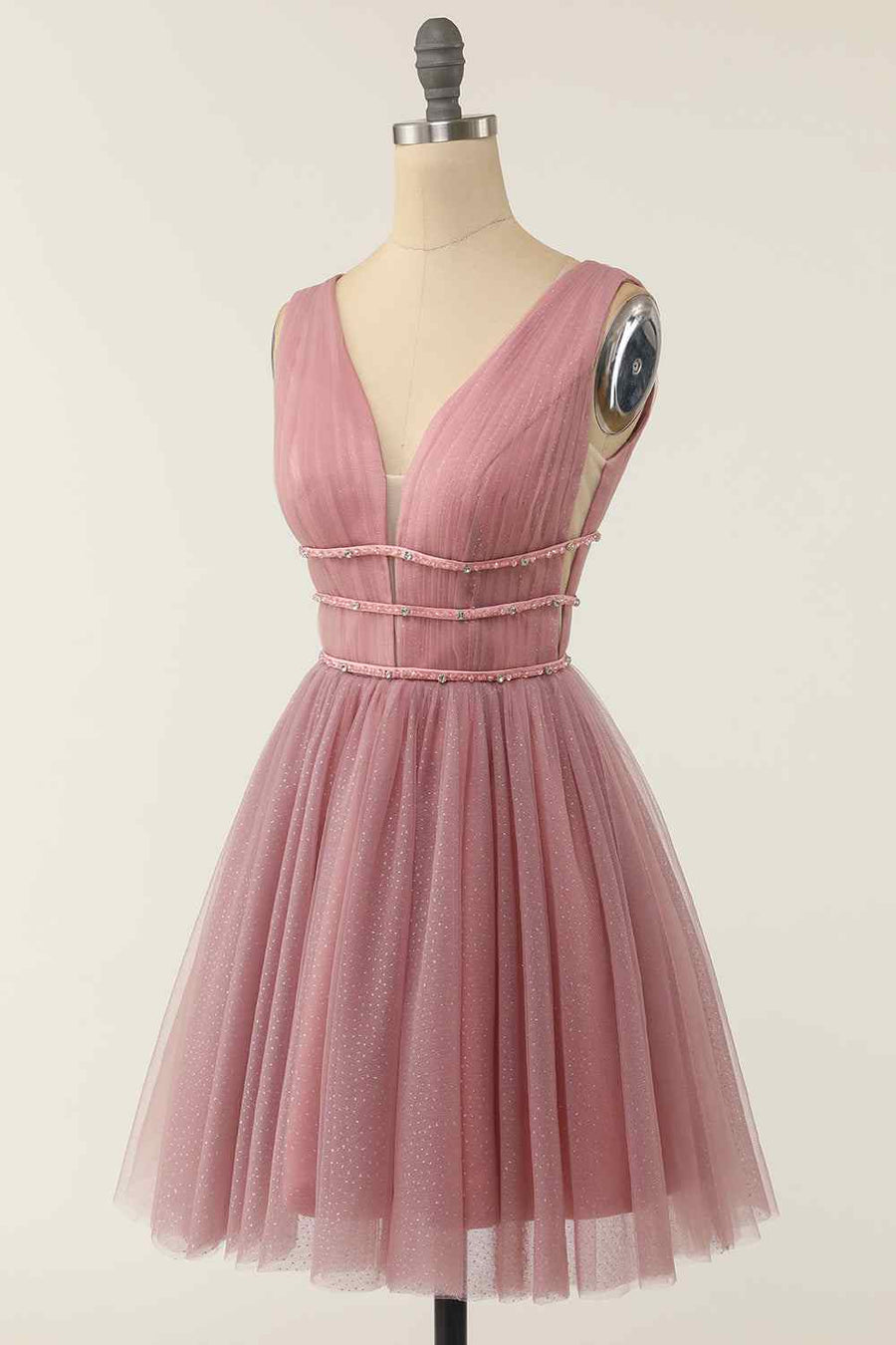 Dusty Pink A-line V Neck Sleeveless Beaded Mini Homecoming Dress