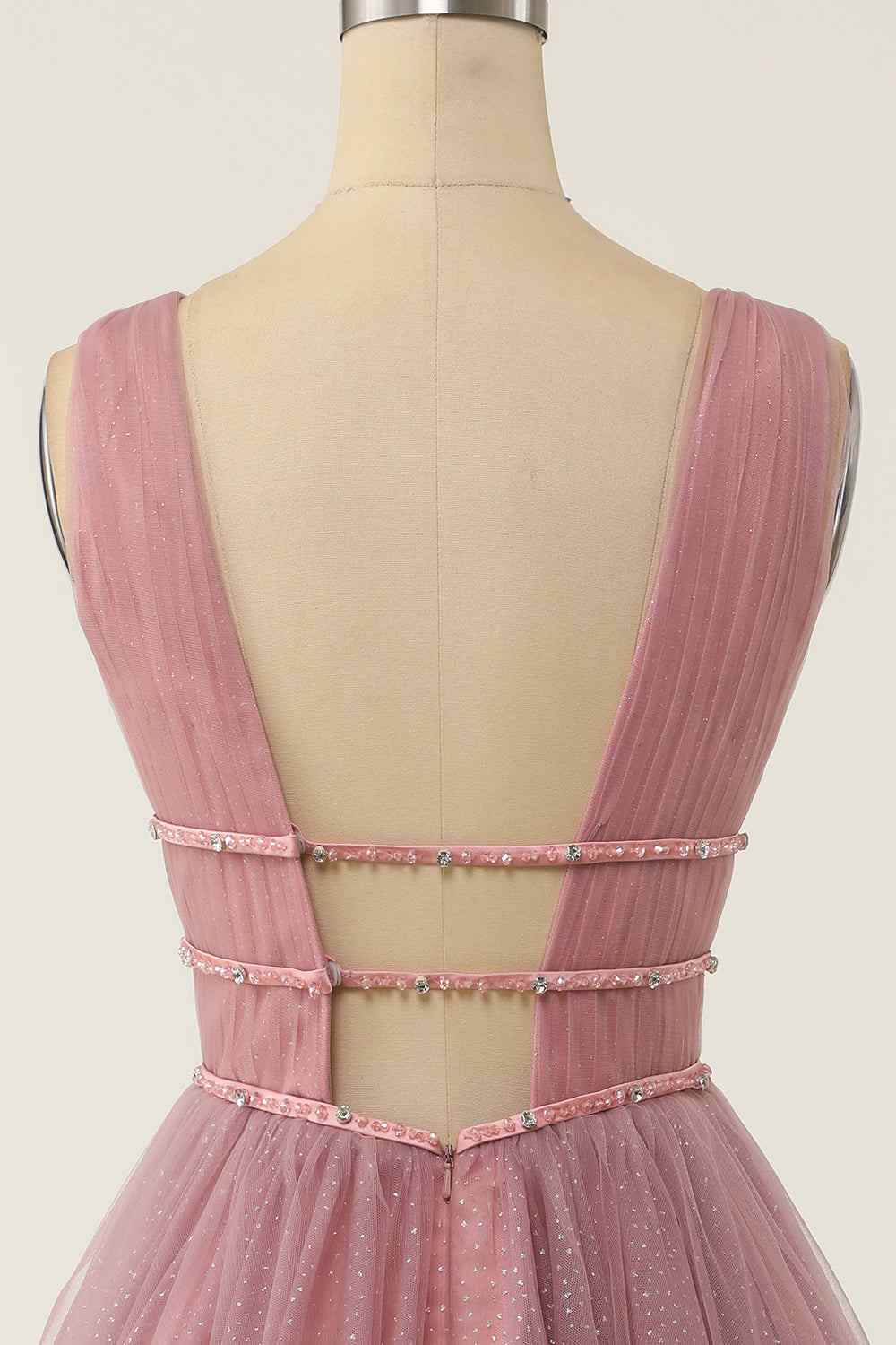 Dusty Pink A-line V Neck Sleeveless Beaded Mini Homecoming Dress