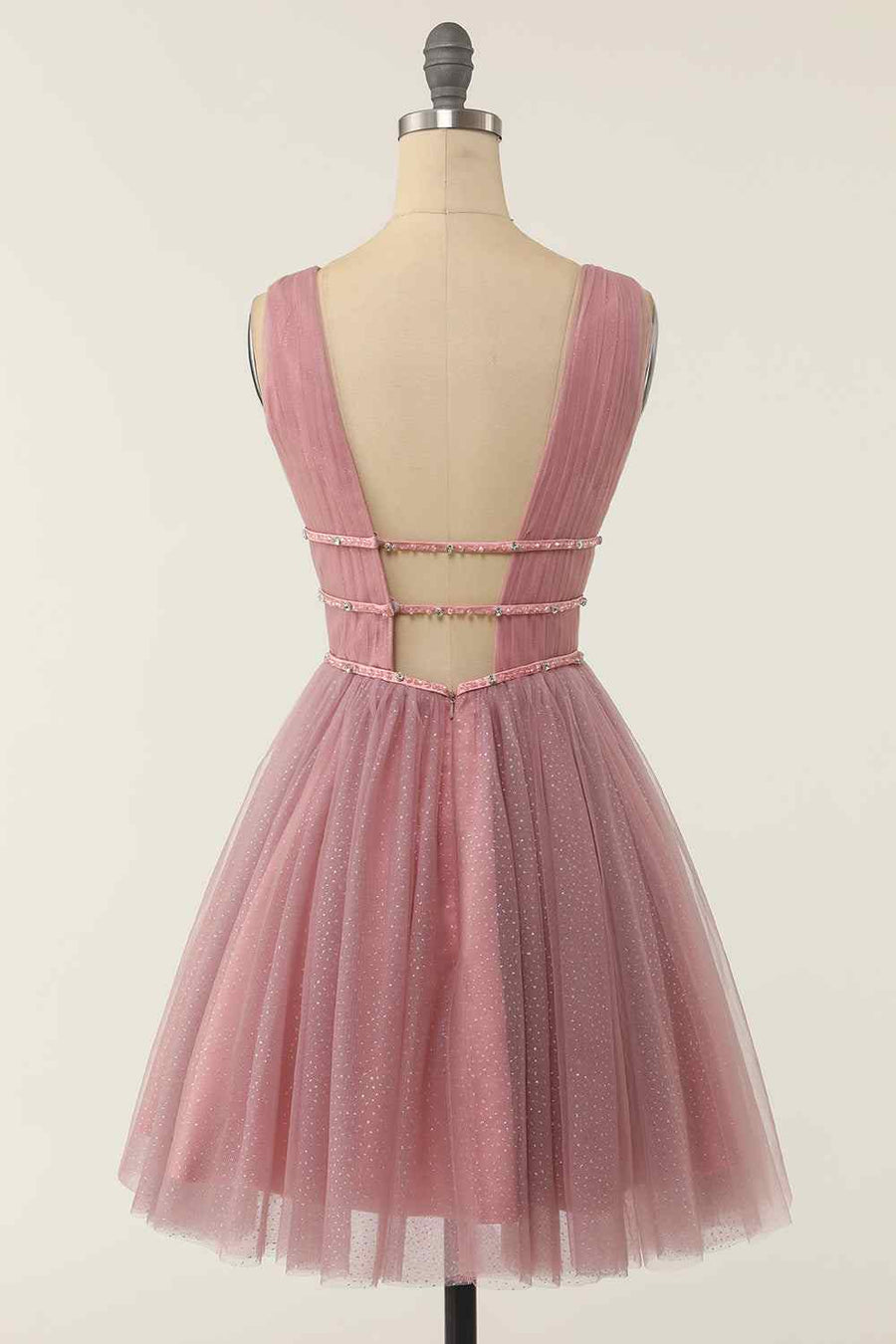 Dusty Pink A-line V Neck Sleeveless Beaded Mini Homecoming Dress