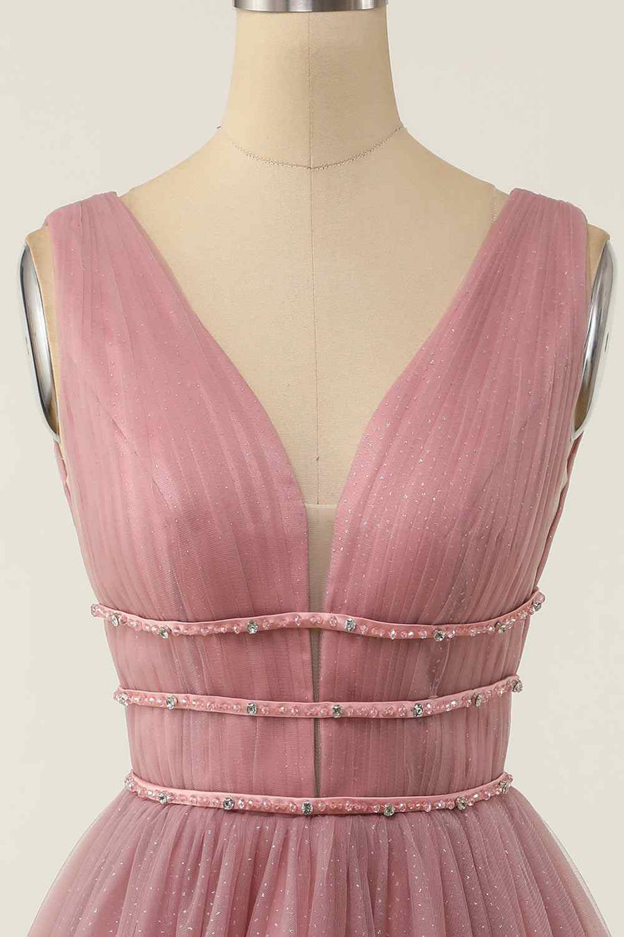 Dusty Pink A-line V Neck Sleeveless Beaded Mini Homecoming Dress