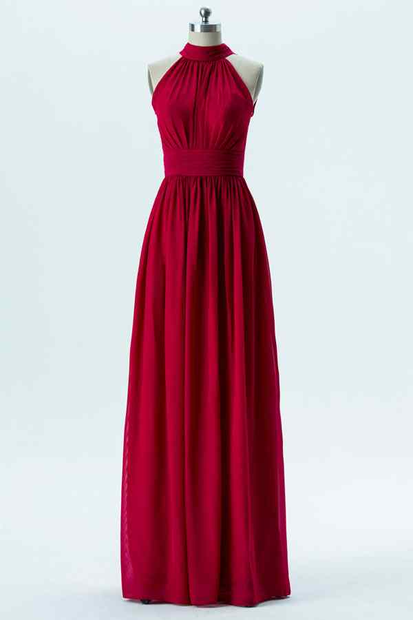 Red A-line Bow Tie Back Pleated Chiffon Long Bridesmaid Dress