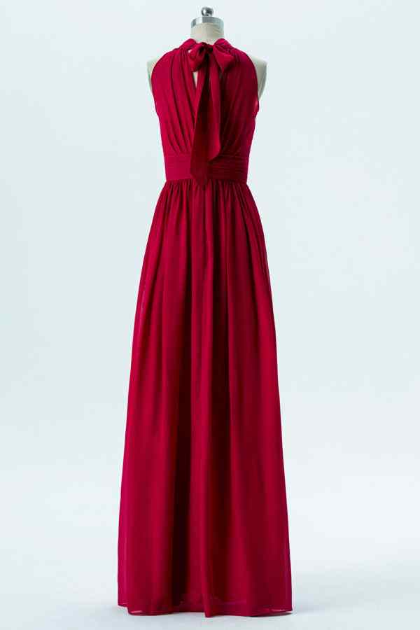 Red A-line Bow Tie Back Pleated Chiffon Long Bridesmaid Dress
