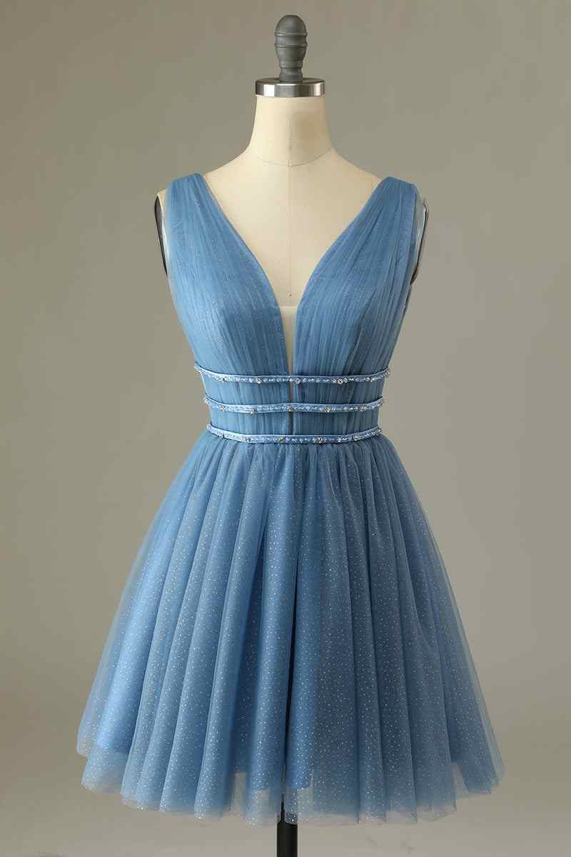 Dusty Blue  A-line V Neck Sleeveless Beaded Mini Homecoming Dress