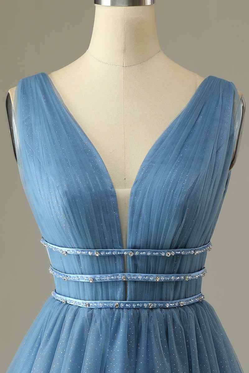 Dusty Blue  A-line V Neck Sleeveless Beaded Mini Homecoming Dress