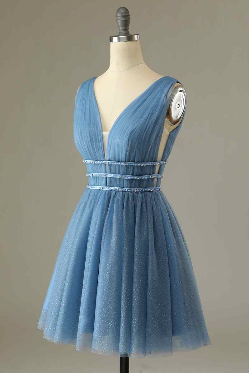 Dusty Blue  A-line V Neck Sleeveless Beaded Mini Homecoming Dress