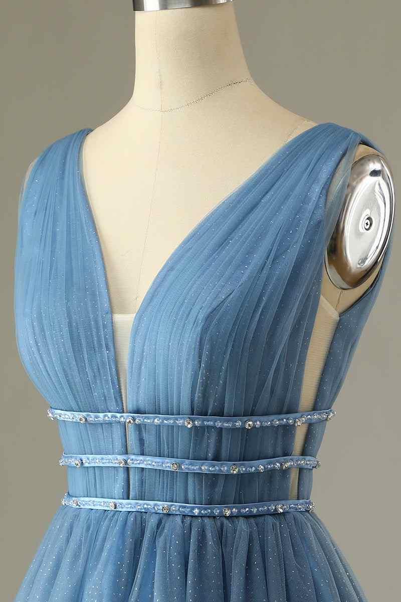 Dusty Blue  A-line V Neck Sleeveless Beaded Mini Homecoming Dress