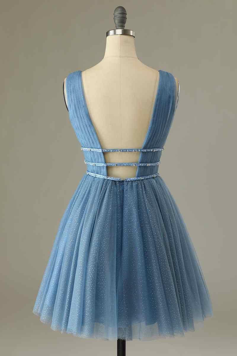 Dusty Blue  A-line V Neck Sleeveless Beaded Mini Homecoming Dress