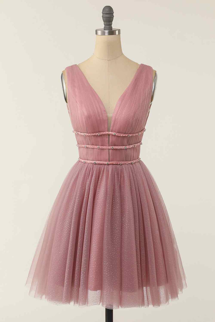 Dusty Pink A-line V Neck Sleeveless Beaded Mini Homecoming Dress