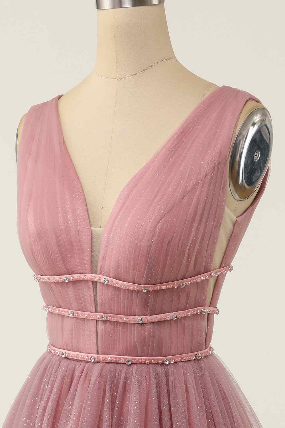 Dusty Pink A-line V Neck Sleeveless Beaded Mini Homecoming Dress