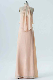 Pearl Pink A-line Halter Crepe Chiffon Long Bridesmaid Dress