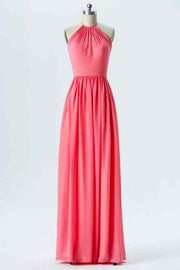 Watermelon A-line Halter Straps Detail Chiffon Long Bridesmaid Dress