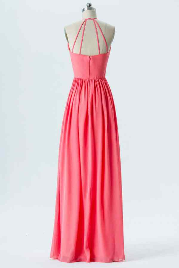 Watermelon A-line Halter Straps Detail Chiffon Long Bridesmaid Dress