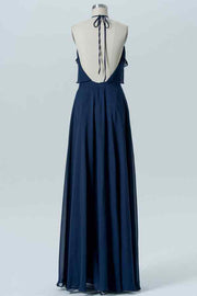 Dark Navy A-line Bow Tie Back Chiffon Crepe Long Bridesmaid Dress