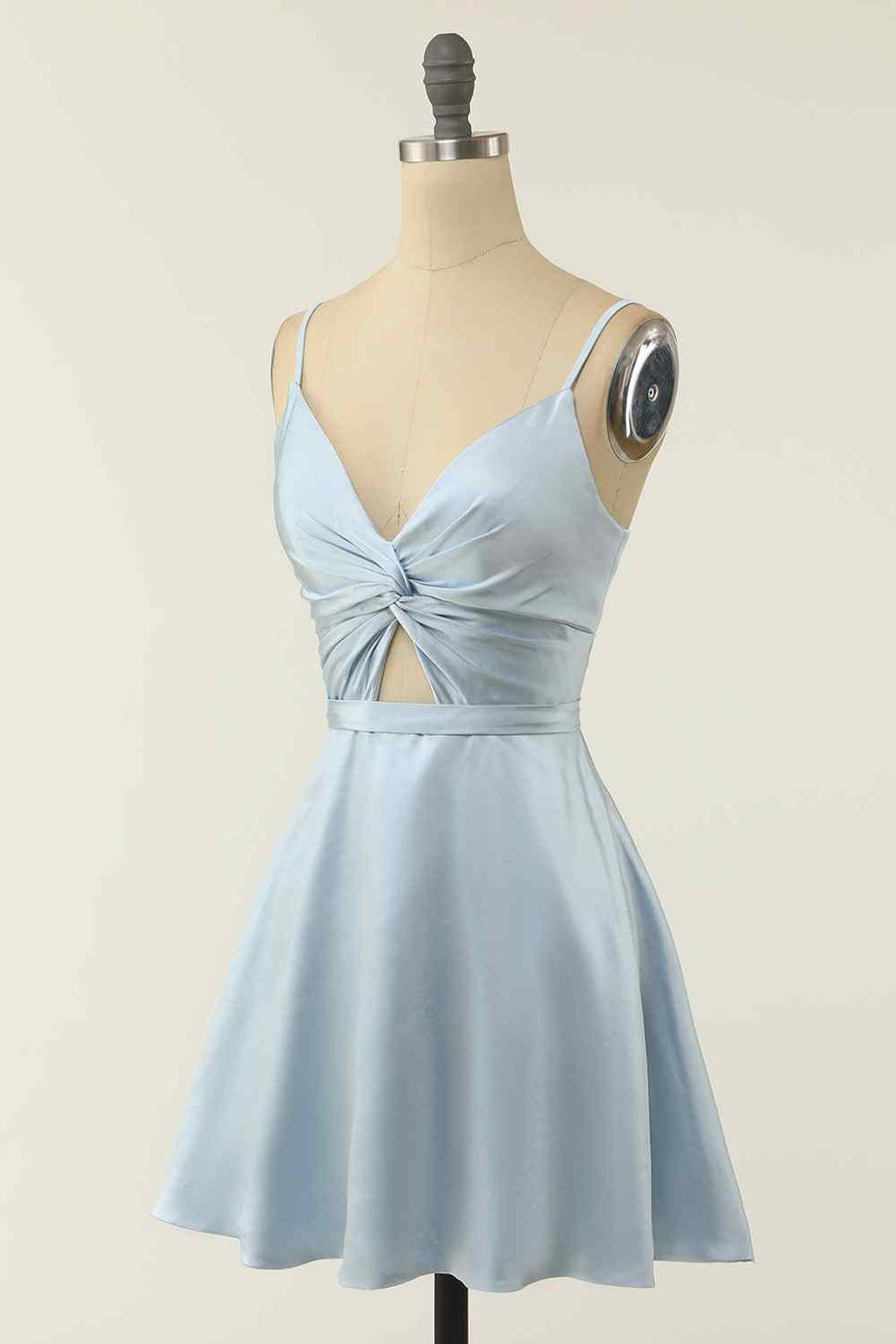 Grey A-line V Neck Twist Knot Cut-Out Pleated Mini Homecoming Dress