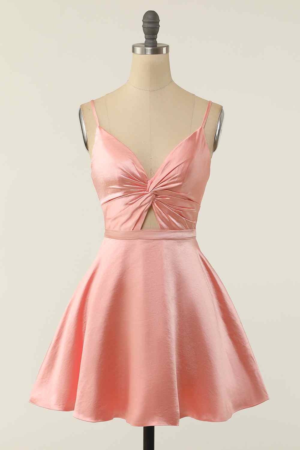 Pink A-line V Neck Twist Knot Cut-Out Pleated Mini Homecoming Dress