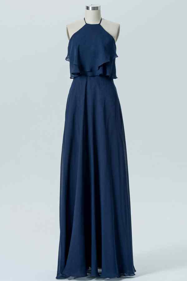 Dark Navy A-line Bow Tie Back Chiffon Crepe Long Bridesmaid Dress | Joyofdress Dark Navy A-line Bow Tie Back Chiffon Crepe Long Bridesmaid Dress | Joyofdress