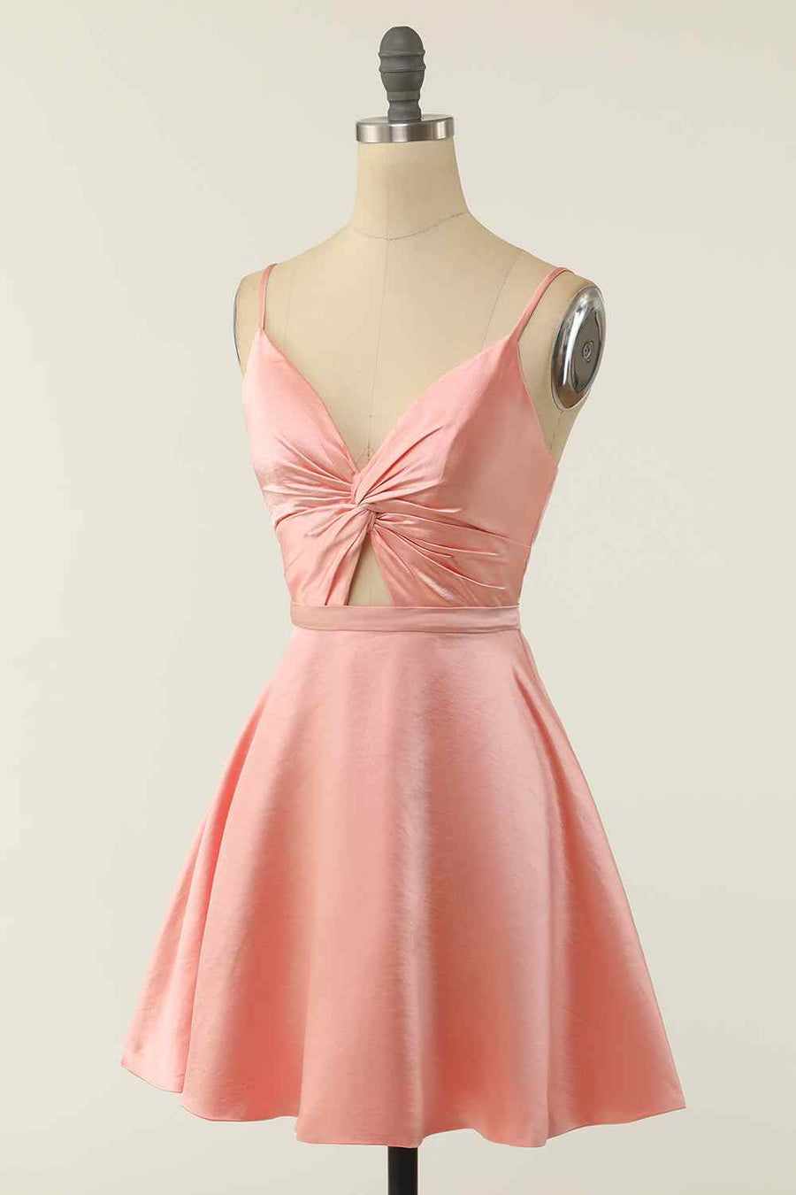 Pink A-line V Neck Twist Knot Cut-Out Pleated Mini Homecoming Dress