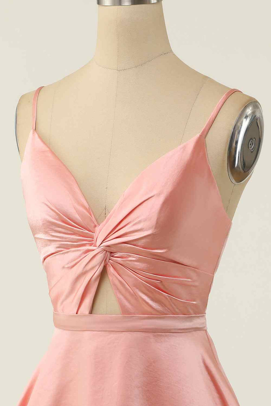 Pink A-line V Neck Twist Knot Cut-Out Pleated Mini Homecoming Dress
