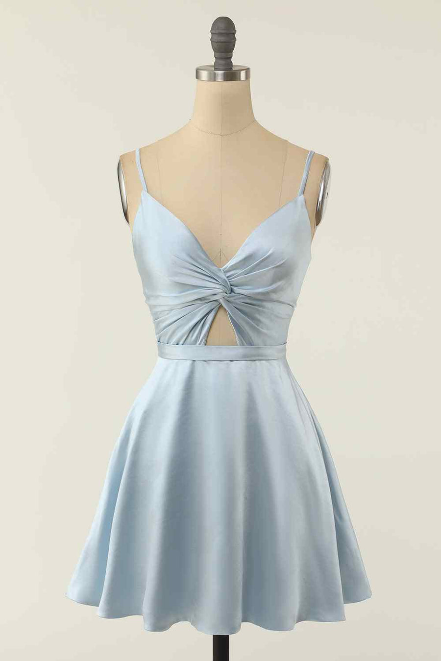 Grey A-line V Neck Twist Knot Cut-Out Pleated Mini Homecoming Dress