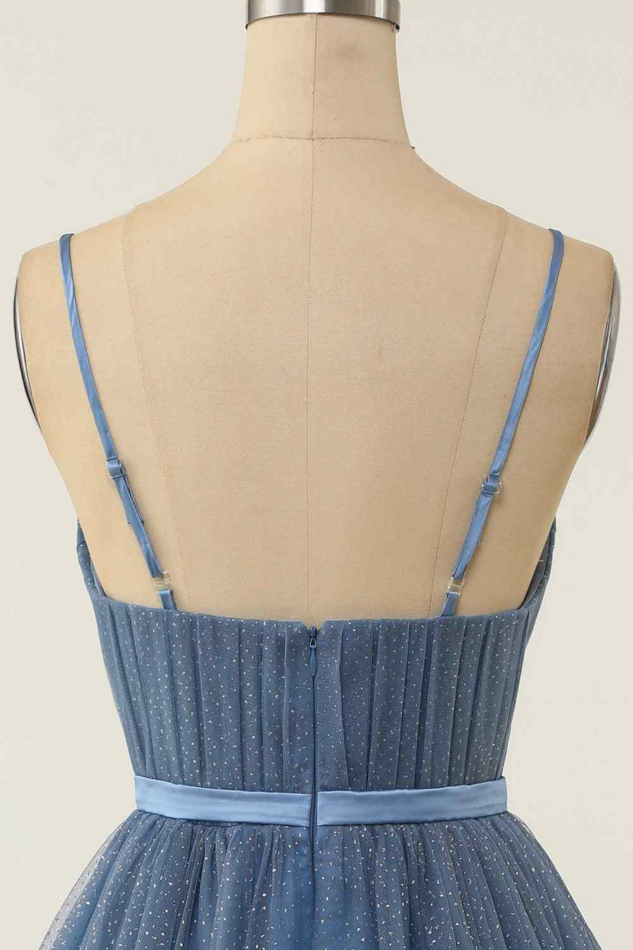 Dusty Blue A-line V Neck Pleated Double Bow Tie Sash Mini Homecoming Dress