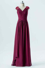 Mulberry V Neck Cap Sleeves A-line Pleated Chiffon Long Bridesmaid Dress