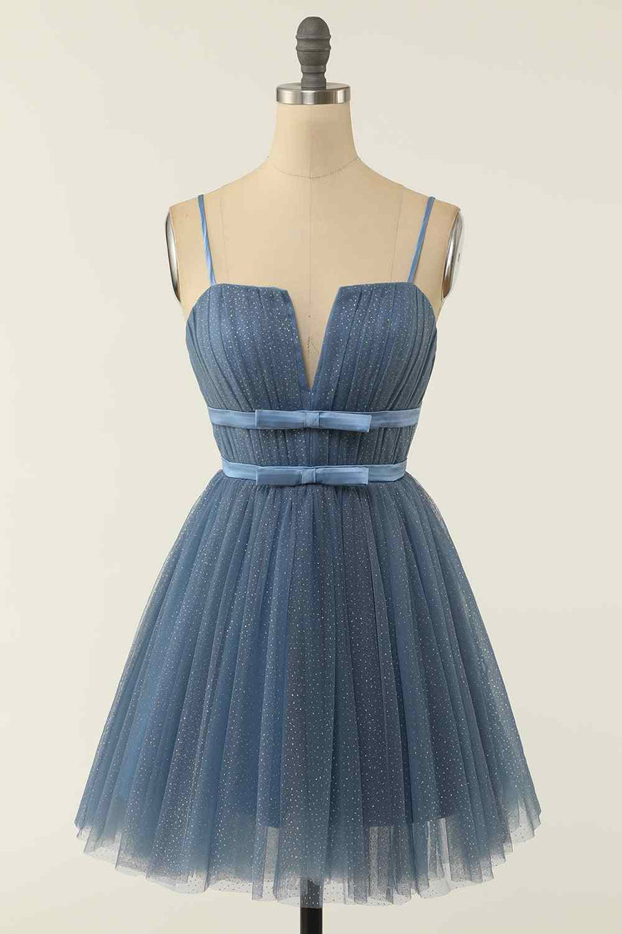Dusty Blue A-line V Neck Pleated Double Bow Tie Sash Mini Homecoming Dress