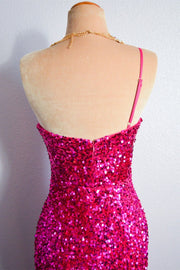 Fuchsia Mermaid One Spaghetti Strap Sparkly Long Formal Dress