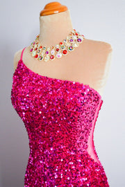 Fuchsia Mermaid One Spaghetti Strap Sparkly Long Formal Dress