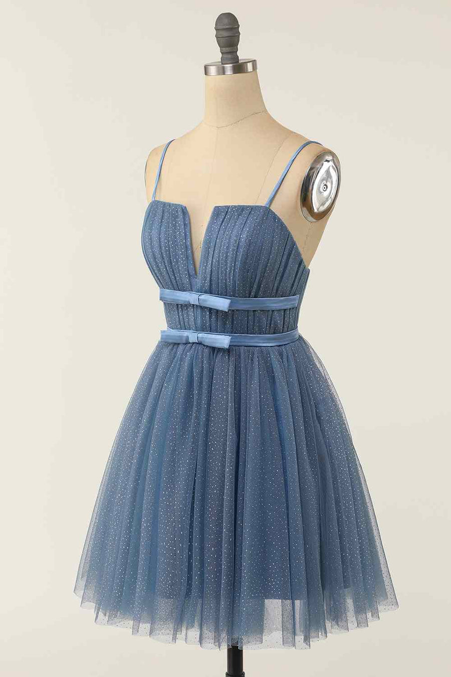 Dusty Blue A-line V Neck Pleated Double Bow Tie Sash Mini Homecoming Dress Dusty Blue / US 8 Dusty Blue A-line V Neck Pleated Double Bow Tie Sash Mini Homecoming Dress Dusty Blue / US 8