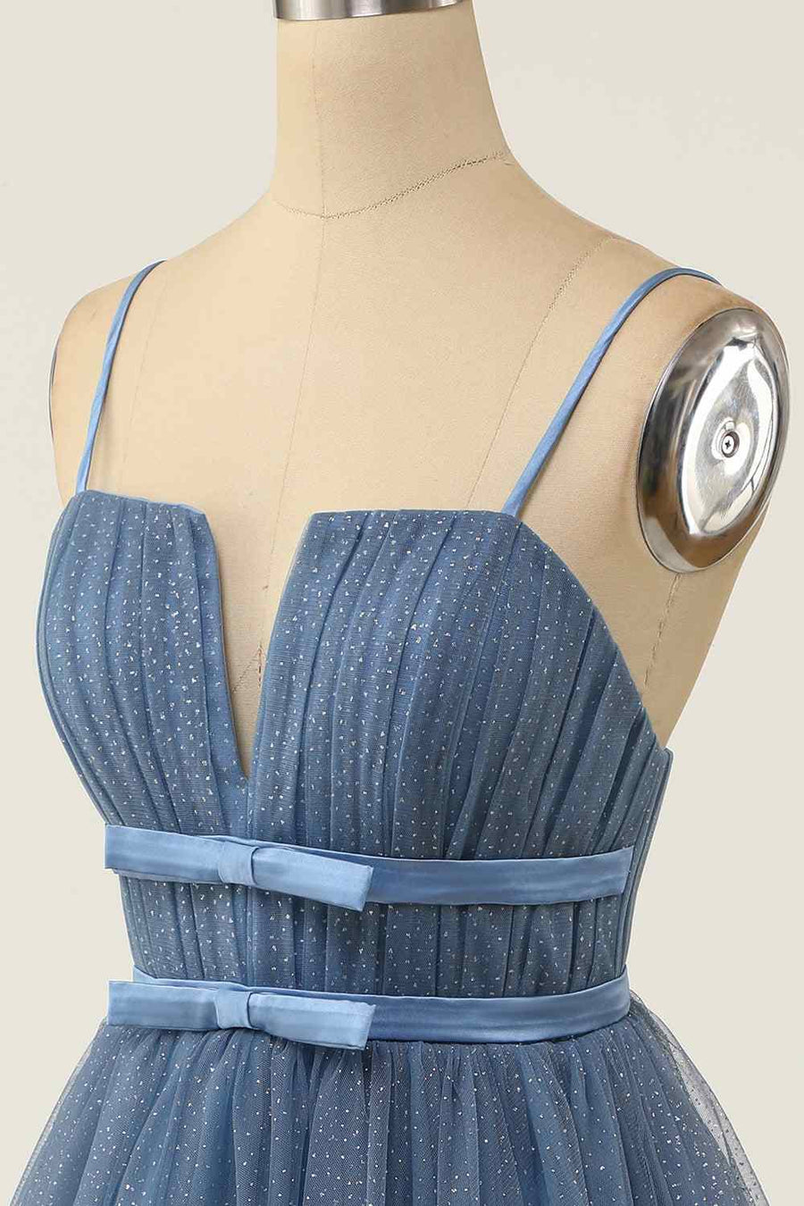 Dusty Blue A-line V Neck Pleated Double Bow Tie Sash Mini Homecoming D | Joyofdress Dusty Blue A-line V Neck Pleated Double Bow Tie Sash Mini Homecoming D | Joyofdress
