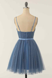 Dusty Blue A-line V Neck Pleated Double Bow Tie Sash Mini Homecoming Dress