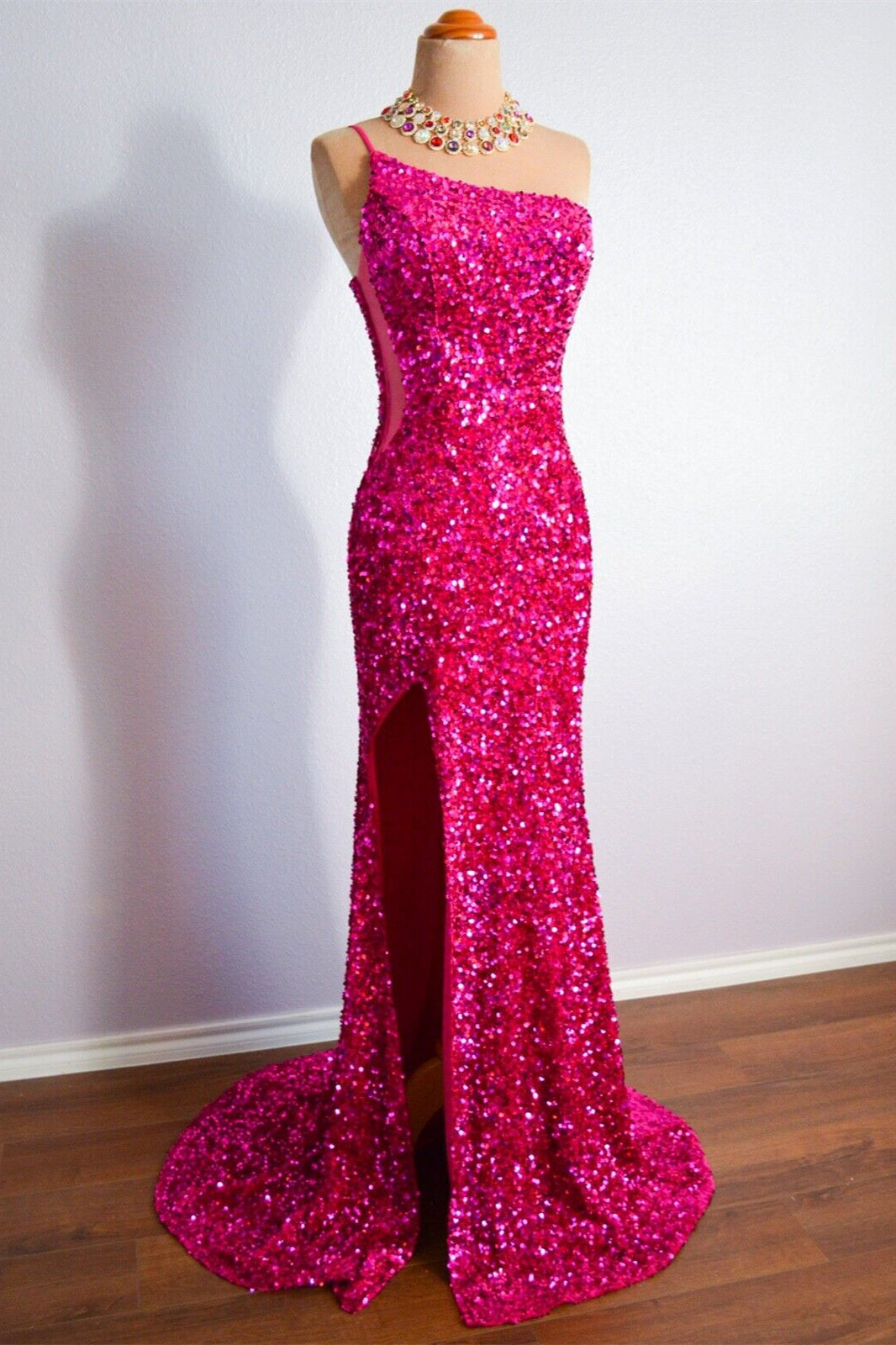 Fuchsia Mermaid One Spaghetti Strap Sparkly Long Formal Dress