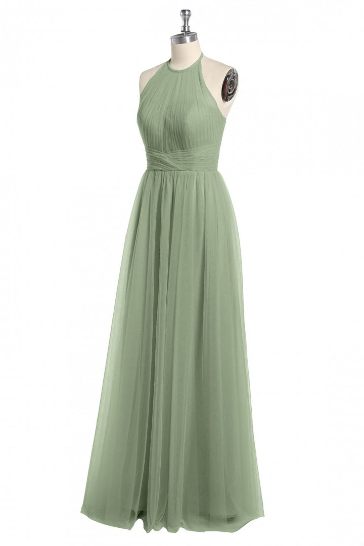 Dusty Sage A-line Halter Tulle Long Bridesmaid Dress