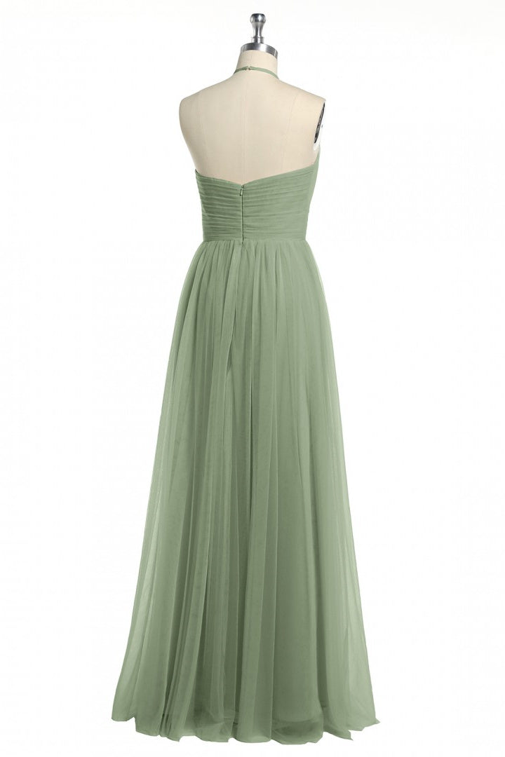 Dusty Sage A-line Halter Tulle Long Bridesmaid Dress