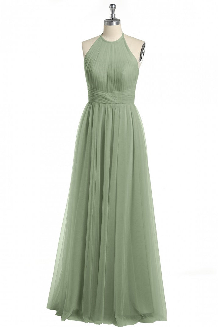 Dusty Sage A-line Halter Tulle Long Bridesmaid Dress