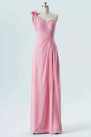 Pink A-line One Shoulder Pleated 3D Applique Chiffon Long Bridesmaid Dress