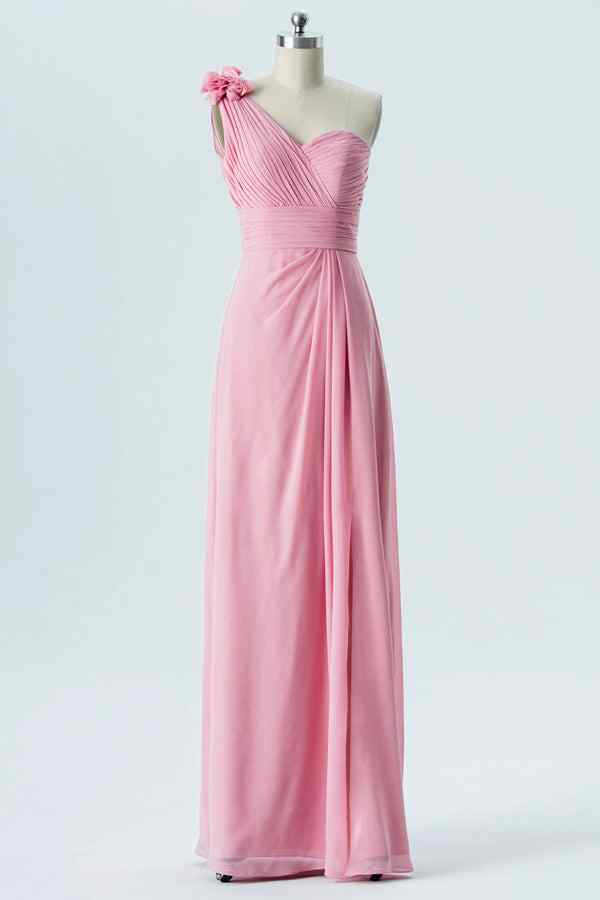 Pink A-line One Shoulder Pleated 3D Applique Chiffon Long Bridesmaid Dress