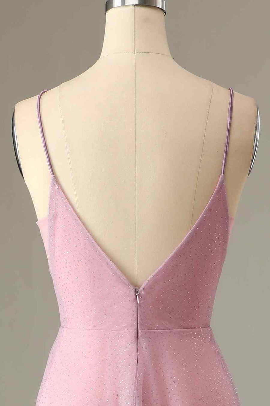 Pink Sparkly A-line V Neck Pleated Long Bridesmaid Dress