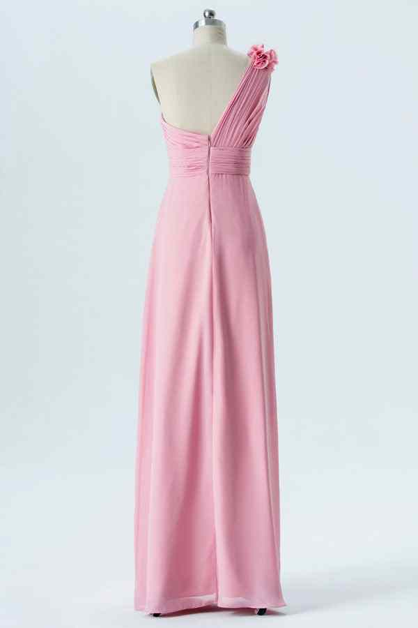 Pink A-line One Shoulder Pleated 3D Applique Chiffon Long Bridesmaid Dress