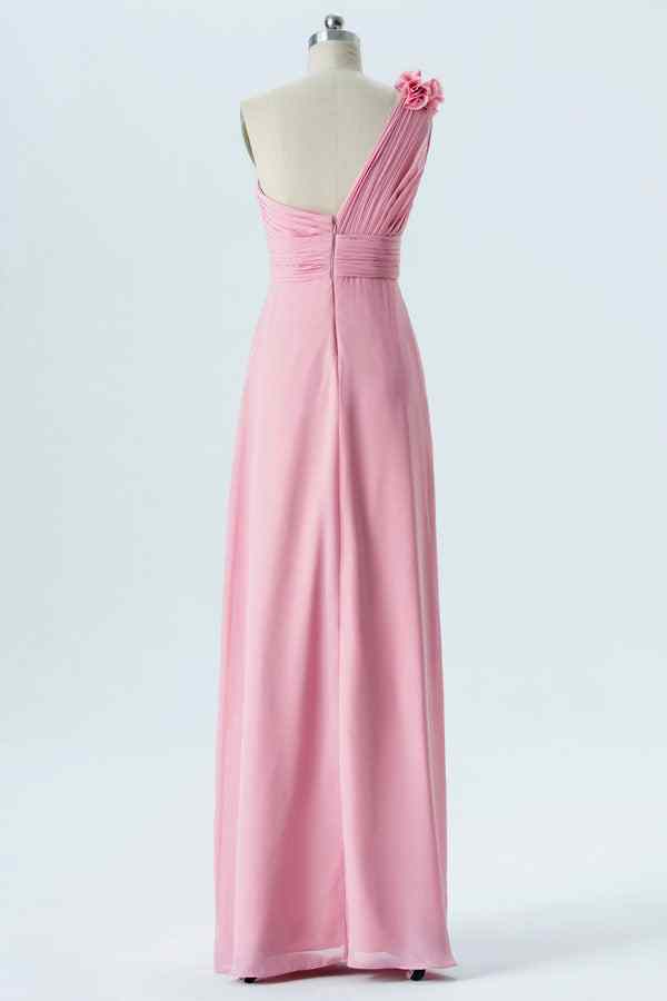 Pink A-line One Shoulder Pleated 3D Applique Chiffon Long Bridesmaid Dress Pink / US 2 Pink A-line One Shoulder Pleated 3D Applique Chiffon Long Bridesmaid Dress Pink / US 2