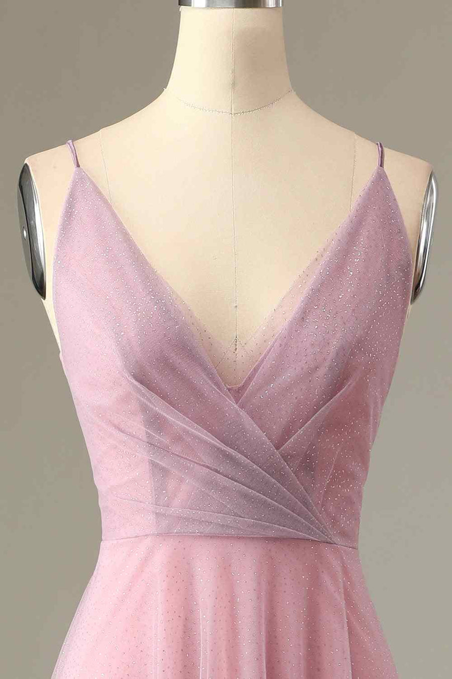 Pink Sparkly A-line V Neck Pleated Long Bridesmaid Dress
