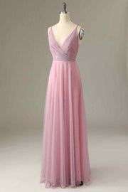 Pink Sparkly A-line V Neck Pleated Long Bridesmaid Dress