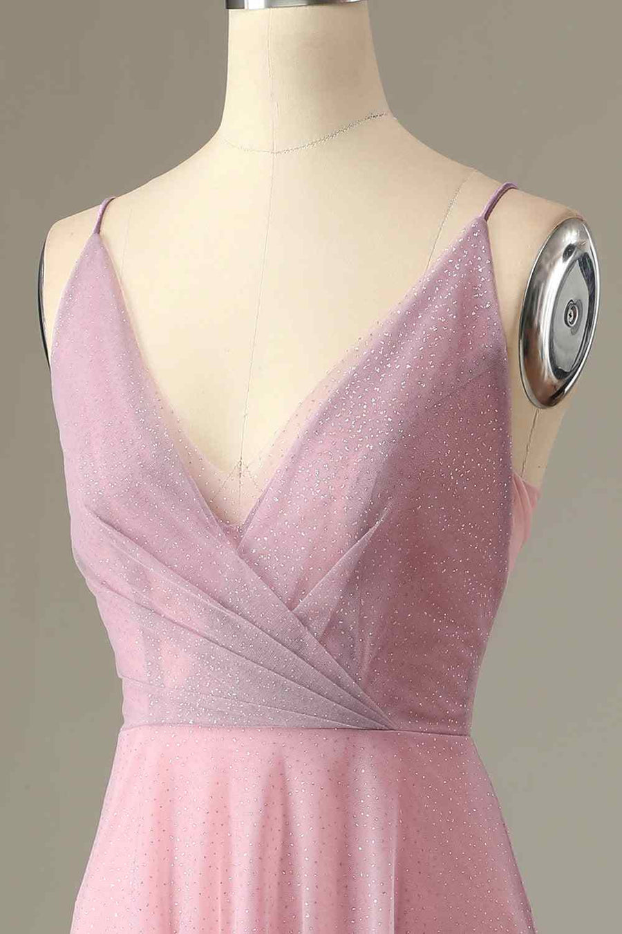 Pink Sparkly A-line V Neck Pleated Long Bridesmaid Dress