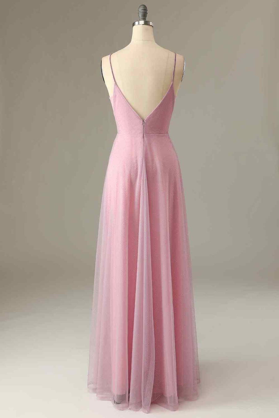 Pink Sparkly A-line V Neck Pleated Long Bridesmaid Dress
