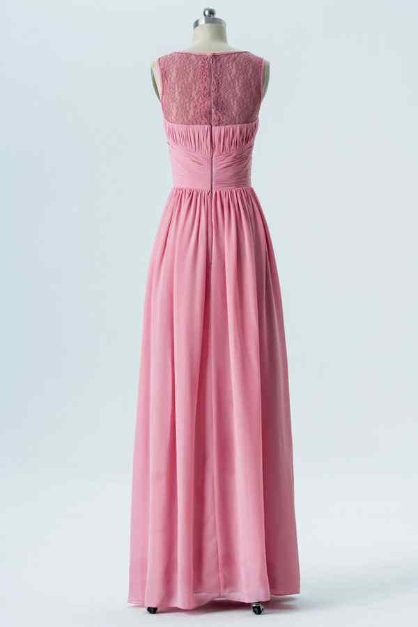 Pink A-line Illusion Lace Jewel Pleated Chiffon Long Bridesmaid Dress